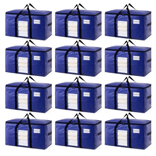 Image of TAILI 12 Pack Dark Blue Extra Large Moving Bags, Heavy Duty Totes with Visible Window, Wrap Around Handles, Great for Space-Saving