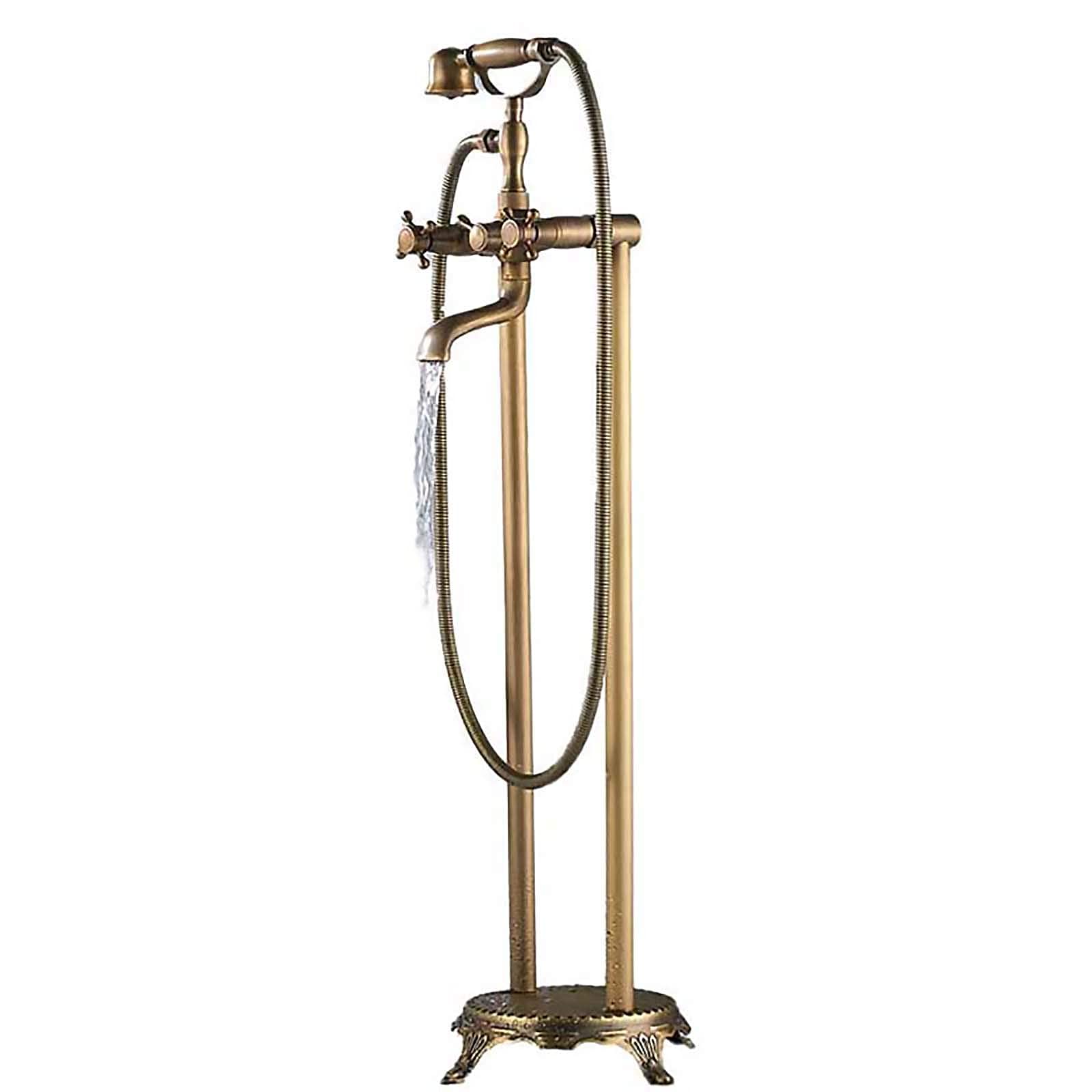 SnamicE Faucet Waterfall Freestanding Bathtub Faucet Brass Freestanding Tub Faucet with Handheld Shower Floor Mounted Faucets with Shower Hose Floor Mounted Bathtub Faucet 2 Handle,Antique