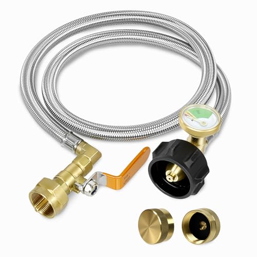 Devvicoo Propane Refill Adapter for 1 lb. Tanks 3 FT Stainless Steel Hose with Pressure Gauge & ON-Off Control Valve Fits QCC1/Type 1 Propane Tank Fill 1LB Bottles from 20LB Cylinder 2 Caps