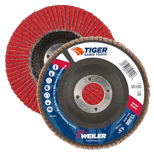 Image of Weiler 50100 Saber Tooth 7 /8 inch Arbor, 4-1 /2 inch Diameter, 36 Grit, Ceramic, Phenolic Backing, Angled Abrasive Flap Disc (Pack of 10)
