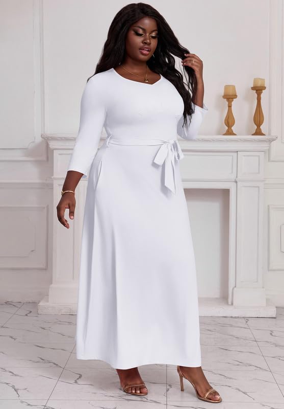 Maxi Dress for Women 3/4 Sleeves V-Neck Semi Formal Church Long Casual Dresses with Pockets4