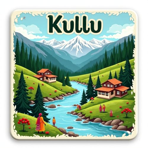 Image of Naxon Kullu Theme Souvenir Wooden Fridge Magnet | Valley of Gods Scenic Landscape Design 3x3 Inch Refrigerator Magnet for Kitchen & Home Decor | Travel Gift from Kullu | Pack of 1