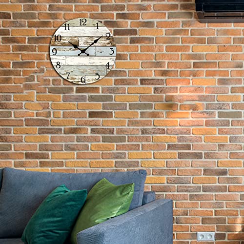 Indoor Outdoor Clock - Outdoor Wall Decor For Patio Pool Porch Home,Rustic Country Wooden Decorative Wall Clocks Battery Operated Quality Quartz Silent - 12 Inch Brown & Blue #TOP6