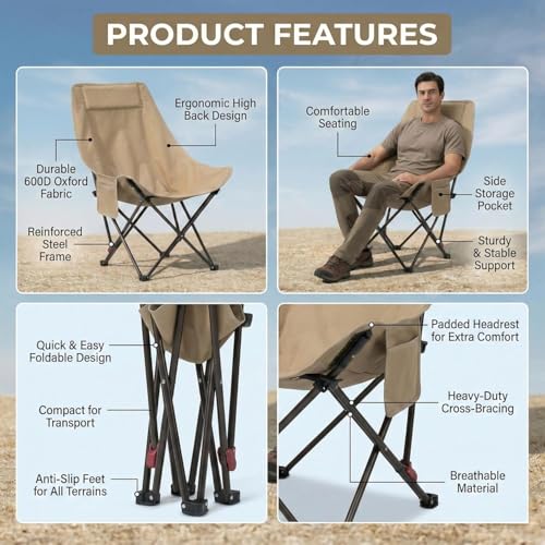 Image of Frevrons Foldable Camping Moon Chair with High Back - Lightweight Portable Outdoor Folding Chair Side Pocket - Heavy Duty X-Frame for Balcony, Garden, Hiking & Travel (Black)