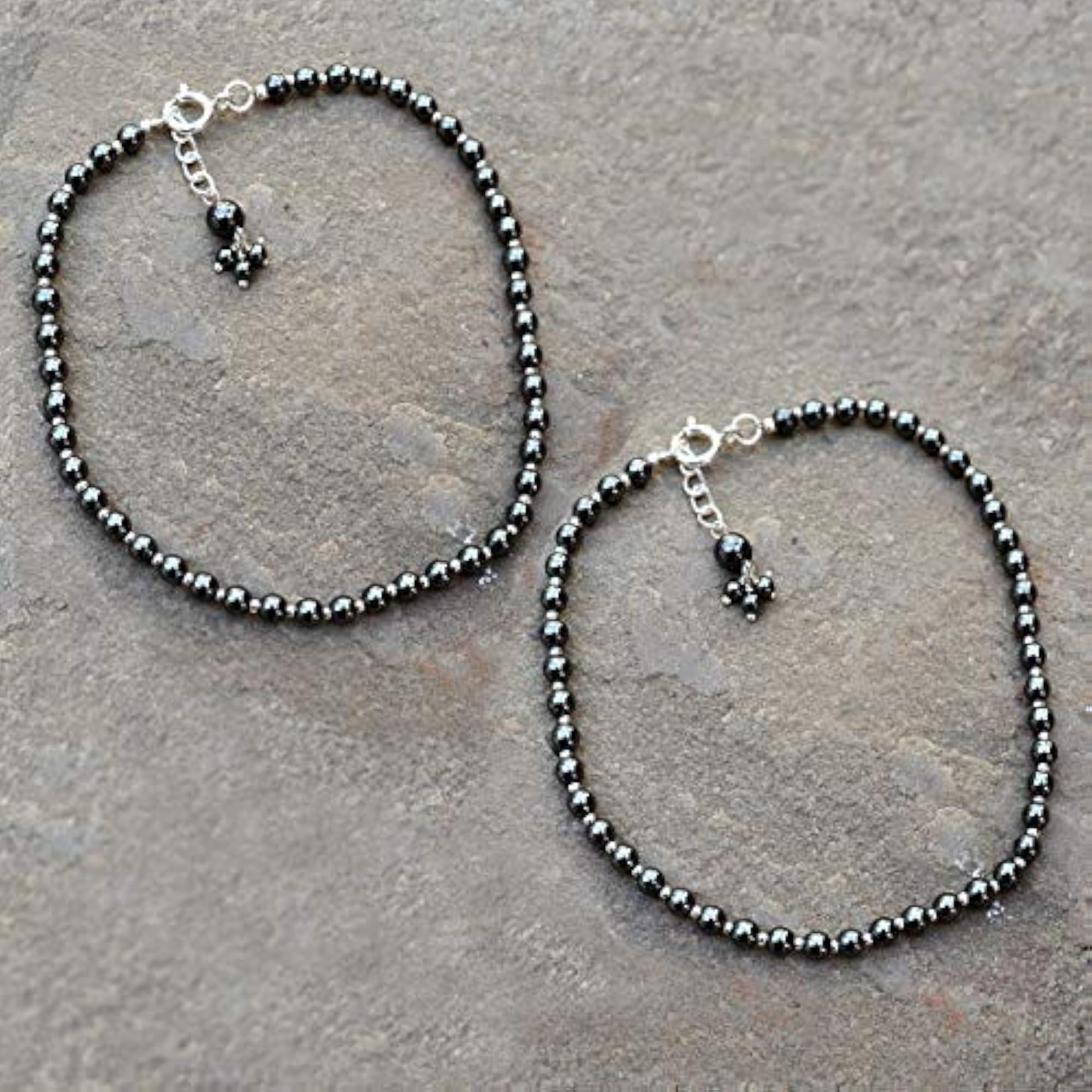 Women's Natural Hematite Gemstone 925 Sterling Silver Beaded Anklet