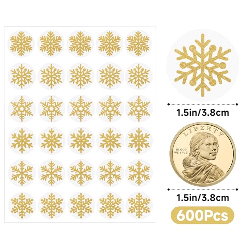 Anwyll Christmas Snowflake Stickers - 600Pcs 1.5Inch Winter Snowflake Stickers Gold Foil Clear Happy Holiday Snow Flake Sticker Self Adhesive Xmas Envelope Seal Label Sticker for Cards Crafts(6Design)