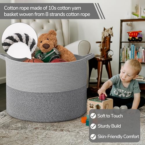 Image of INDRESSME 115L Extra Large Blanket Basket, Cotton Rope Basket for Nursery Living Room, Decorative Woven Storage Baskets with Handles for Dirty Clothes, Toy Bin For Dog Toys, Grey