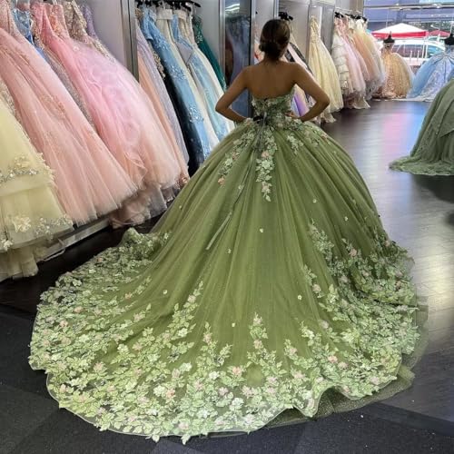 Zhangyo Strapless 3D Flower Quinceanera Dresses with Train Applique Tulle Sweet 16 Dresses Beaded Puffy Quinceañera Dress2