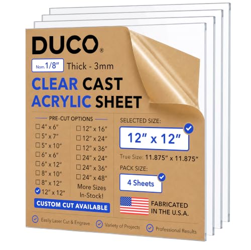 Duco 1/8" Clear Cast Acrylic Sheets, 12"x12" Plexiglass Sheets, 4 Pack