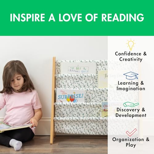 Image of Humble Crew Kids Bookshelf, 4-Tier Front-Facing Book Display Organizer, Montessori Toddler Bookcase for Playroom, Bedroom & Reading Corner, Natural /White /Green
