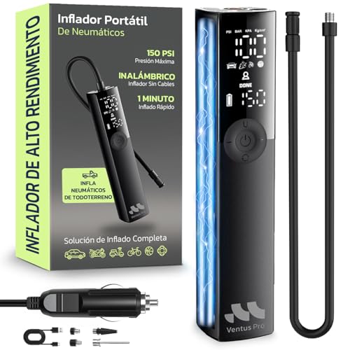 Woowind Compresor Aire Portátil para Coche, Bicicleta, Moto, SUV y Pickup   Inflador Eléctrico de Neumáticos Recargable, 150 PSI, Uso Inalámbrico o con cable 12V DC, Apagado Automático y Linterna LED