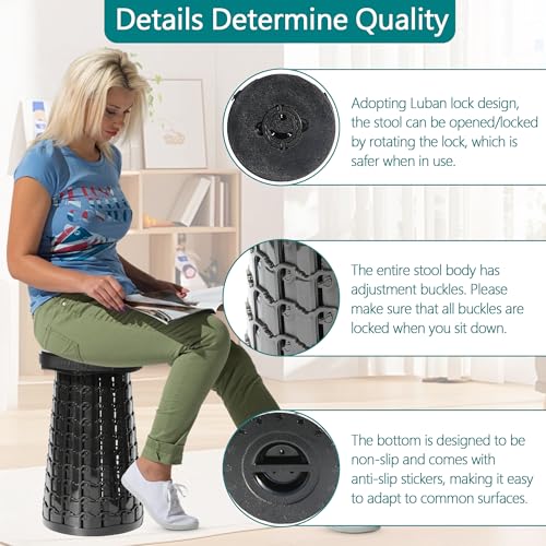 Image of ALEVMOOM XXL Collapsible Stool for Adults, Capacity 1000lbs, 19.7 inch Adjustable Height, Wider & Taller Heavy Duty Portable Stool for Camping Fishing Travel Queue-Black&No Cushion