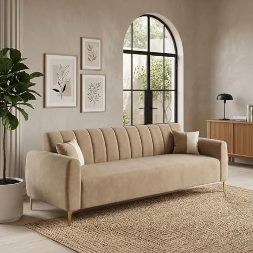 Image of Habibi Rich Velvet Suede 3 Seater Sofa Set | Spacious Soft Touch Comfort Seating | Modern Sofa for Living Room (Beige)