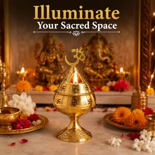 Image of Brass Pooja Diya with Om Top | Traditional Akhand Jyot Deepam, Temple Decor & Diwali Decoration, Brass Oil Lamp, 4.5 x 3 x 3 cm
