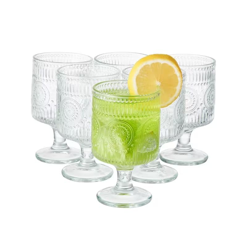 Image of PrimeWorld Vintage Goblet Glasses Set of 6 | Embossed Floral Decorative Glass Cups | Elegant Wine & Mixed Drink Glasses for Parties, Bars, Restaurants & Dining