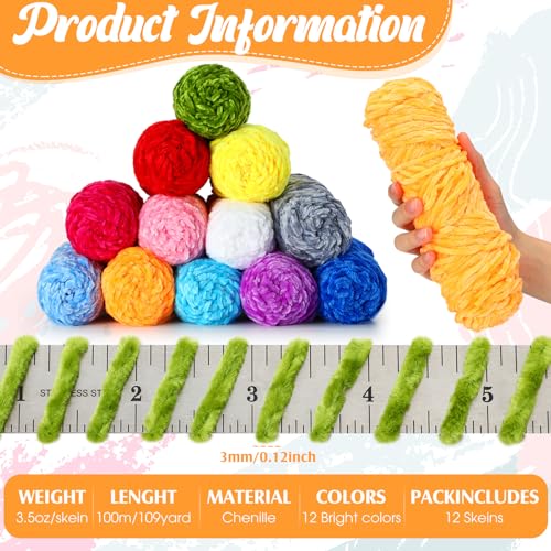 Image of Timgle 12 Pack Chenille Yarn for Crocheting, Soft Velvet Yarn 1312 Yards, 3 mm Thick Fluffy Plush for Hand Knitting Weaving Sweater Shawl Scarf Gloves DIY Craft, 109 Yards Each(Bright Color)