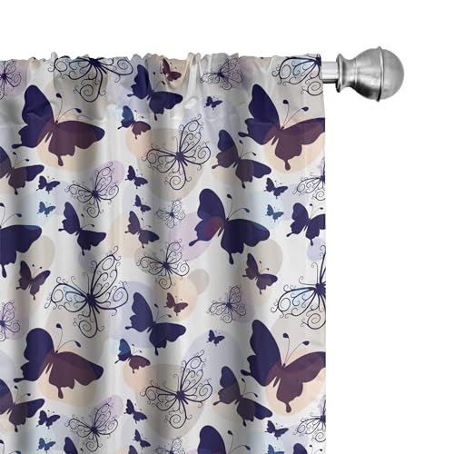 Ambesonne Butterfly Curtains, Silhouettes and with Swirled Curly Wings on Pastel Color Blots, Window Treatments 2 Panel Set for Living Room Bedroom, Pair of - 28" x 63", Purple Navy
