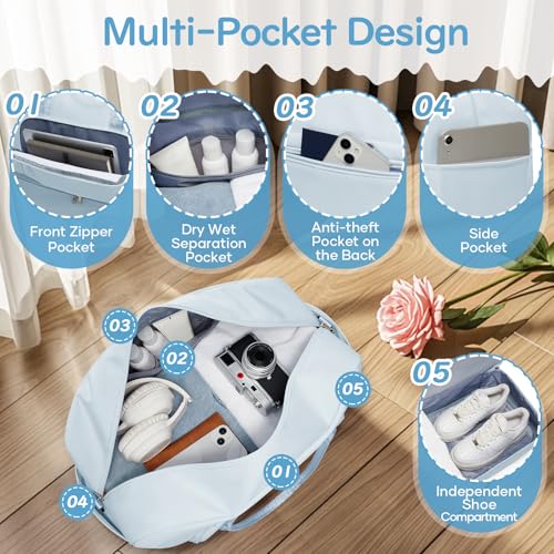 Image of Travel Duffle Bag,Weekender Bags for Women with Shoe Compartment Personal Item Travel Bag Carry on Overnight Bags For Airplanes Gym Duffel Bag with Wet Pocket Hospital Bag for Labor and Delivery Blue
