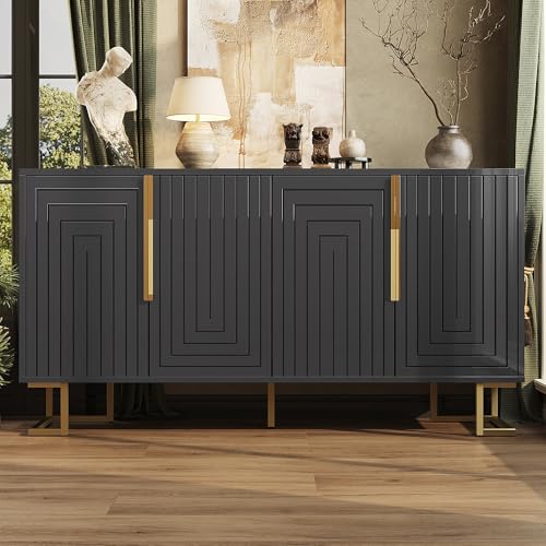 Raeln aparador de Cocina 152cm alacena Negra gabinete Puertas Relieve 3D Patas Metal niveladoras estantes Mueble Auxiliar Adecuado para el Salon la Cocina y Pasillo