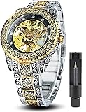 FANMIS Mens Luxury Engraving Wrist Watches Unique Tattoo Pattern Carved Stainless Steel Band Luminous Automatic Skeleton Watch (Gold Black)