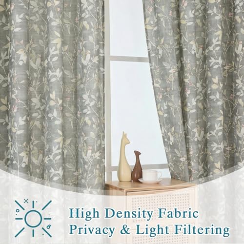 Image of Chyhomenyc Linen Blend Window Curtains 63 Inch Length 2 Panels, Light Filtering Floral Printed Curtain Drapes for Living Room, Rod Pocket Soft Bedroom Curtain Panels, 38Wx63L Inch, Grey