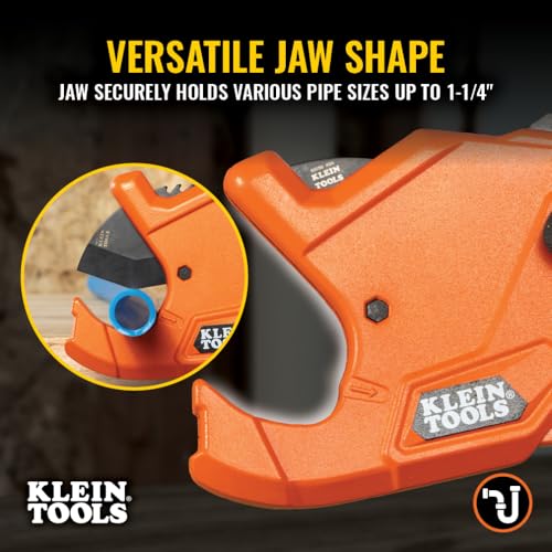 Image of Klein Tools 50044 Ratcheting PVC Pipe Cutter Tool, 1-1 /4 Inch I.D. Cutting Capacity for PVC, CPVC, and PEX Pipes, One-Handed Blade Retraction