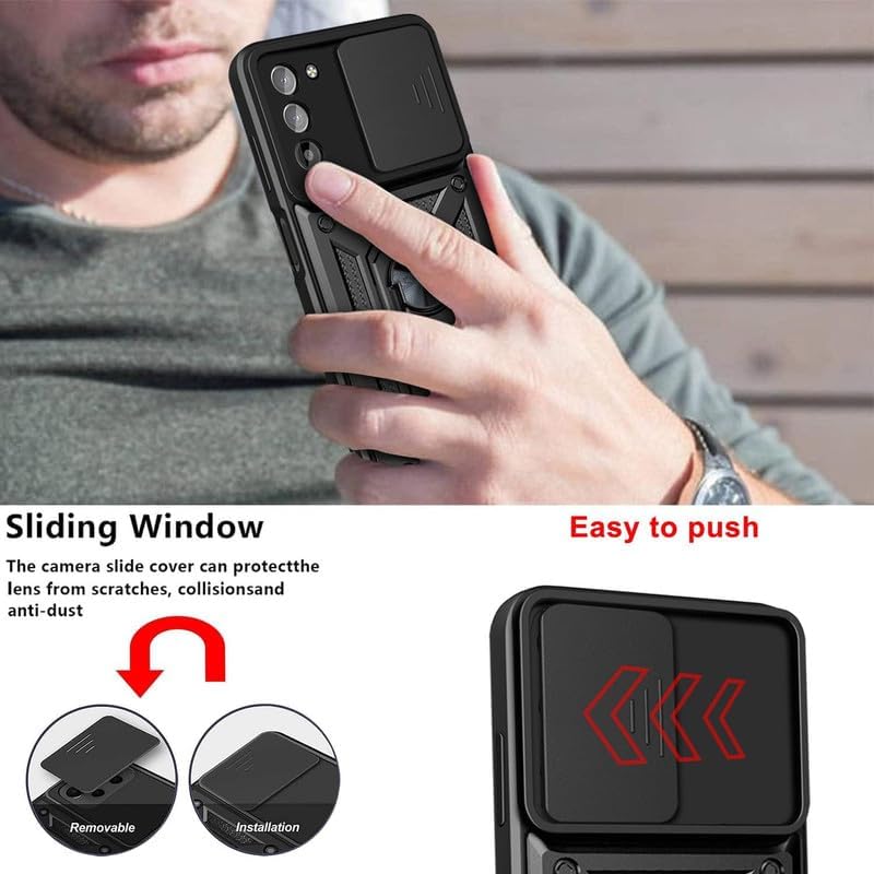 Image of Casodon Heavy Duty Back Case Cover for Nokia G21 5G, Shockproof Nokia G21 Back Cover, Ring Case with Kickstand and Camera Protection Shutter - Black