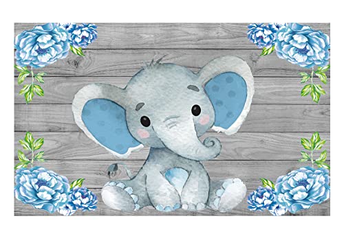 Allenjoy Rustic Grey Wood Elephant Backdrop Supplies for Baby Shower Blue Floral Its a Boy Newborn Kids Birthday Party