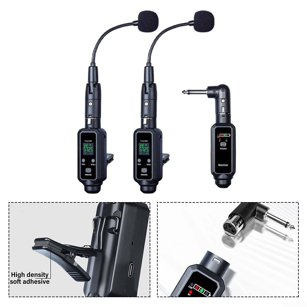 Sistema de micrófono inalámbrico UHF para saxofón Erhu trompeta, transmisor de audio estable de 570 a 590 MHz, juego de receptor con 8H para duración de la batería para conciertos y ensayos