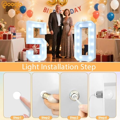 Image of Pooqla 4 FT Light Up Marquee Numbers, LED Large Lighted Marquee Numbers, Giant Mosaic Light Up Number for 10th 20th 50th Birthday Party Decorations, Cool White and Warm White LED 0