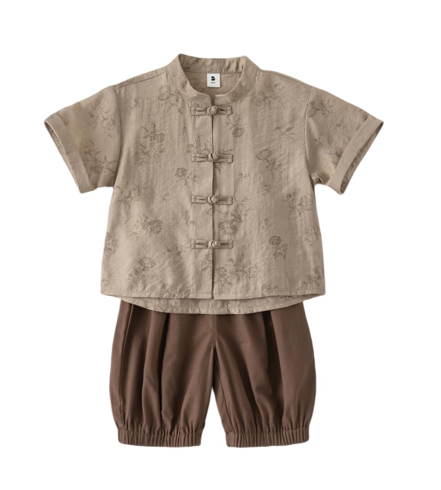 Toddler Baby Boys Summer Clothes Short Sleeve Button Down Shirt + Shorts Tang Suits Chinese Traditional Outfits (Gray,80/6-12 M,Unisex,Big Kid,US,Age,6 Months,12 Months)