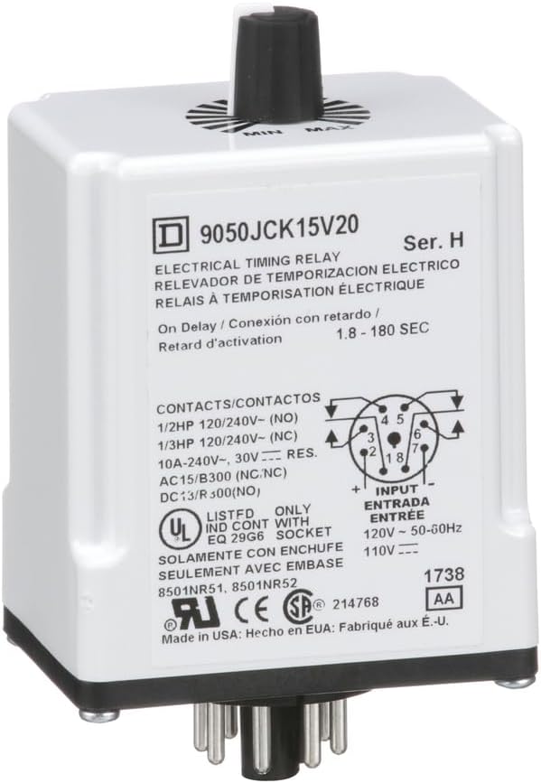 Schneider Electric Square D Timer Relay, Type JCK, Plug in, On Delay, Adjustable Time, 1.8 to 180 Seconds, 10A, 240 VAC, 120 VAC/110 VDC