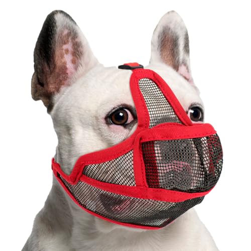 Maulkorb Hunde mit Kurzer Schnauze für Französische Bulldogge und Pitbulls, Abgeflachter Schnauze Hunde Maulkorb für Shih Tzu und Mops, Anti Beißen Kauen Bellen, ermöglichen Atmen und Trinken (Rot,S)