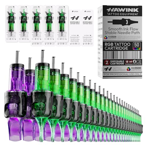 HAWINK 50PCS Tattoo Needles Cartridge Assorted Mixed Size Round Liner Magnum Curved/Round Mag 10 Bugpin (3RL 5RL 7RL 9RL 11RL 7RM 9RM 11RM 13RM 15RM)*5PCS with Membrane Professional EN20-FG-50KIT-K