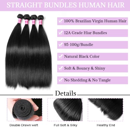 Beautymoon Sew In Long Straight 4 Bundles Human Hair 22 24 26 28 Inch 100% Unprocessed Brazilian Virgin Human Hair Bundles Straight Remy Hair Bundles Natural Black - Image 3