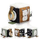 Soft Toy Block with Wooden Ring for Babies 0-3 and 0-6 Months - The Perfect High Contrast Activity Cube & Teething Toy with Tummy Time Mirror for Newborns - A Fun Sensory & Development Toy for Infants