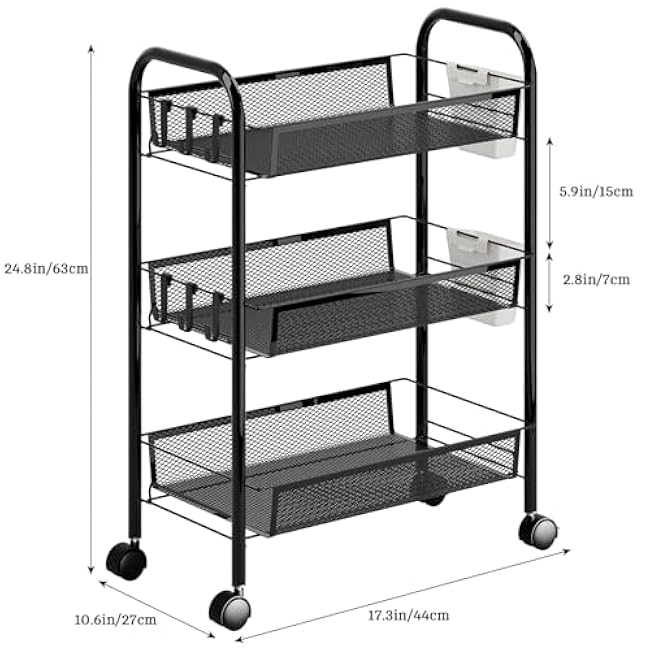 3-Tier Snack Cart with Wheels, Stackable Fruit Stand for Kitchen Floor, Metal Wire Storage Basket Organizer, Bathroom Cart with Mesh Basket for Fruit and Snacks (Black)-0Ps9P1Ll