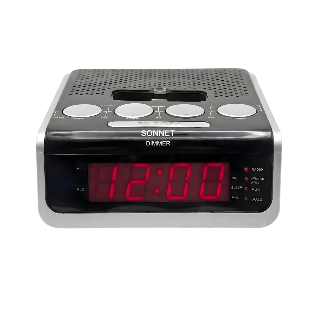 Reloj despertador digital con radio estéreo FM, pantalla LED roja, alarma dual, temporizador de repetición y sueño, entrada AUX, base de 30 pines, respaldo de batería, reloj compacto para mesita de