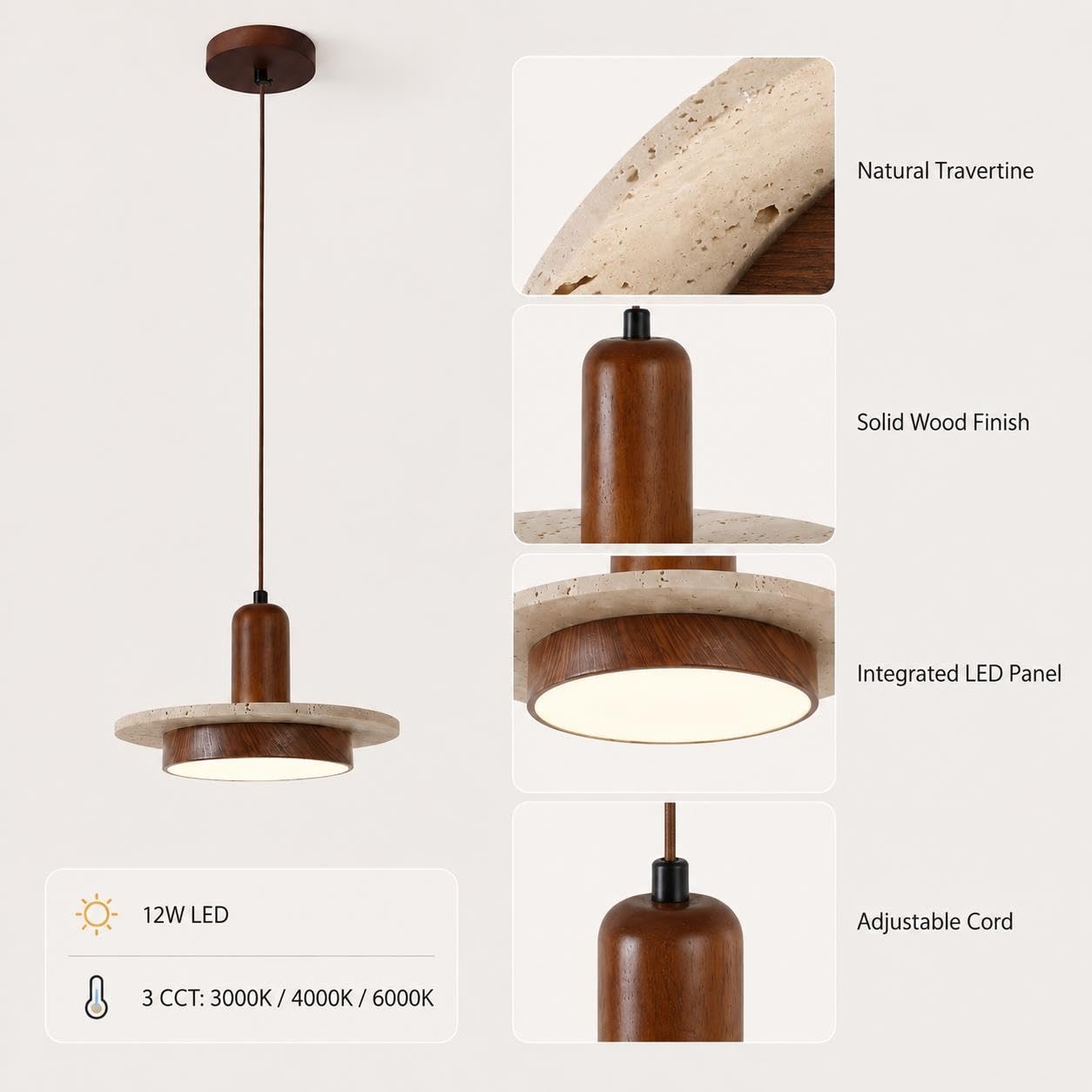 Lampada a sospensione a disco in noce, droplight in travertino, 12W 3colori