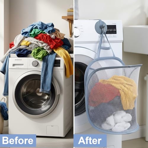 WJIAAA Hängender Wäschekorb,2 Stück Wäschekorb Klein Faltbarer Mesh Laundry Basket, Pop Up Hänge Netzkorb, Wand-Wäschekörbe aus Mesh für Heim Reisen Badezimmer (Weiß, Grau)