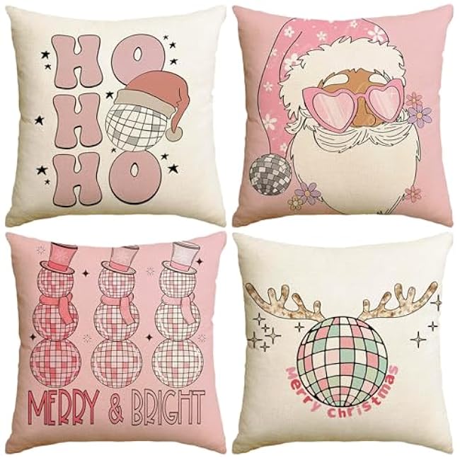 4 Pcs Preppy Pillow Cover - Pink Disco Ball Christmas Decorative Pillowcase - Cute Santa Snowman Girly Winter Decor for Sofa Couch Bedroom - 18 x 18 Inch