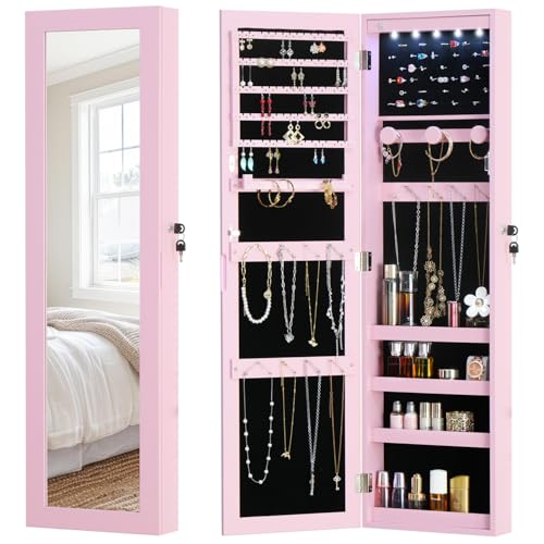MASMIRE Full Length Mirror Jewelry Cabinet Organizer Lockable Door Wall-Mounted Jewelry Armoire with Shelves and Behind the Door Storage Pink by MASMIRE - Used condition - US$56.10