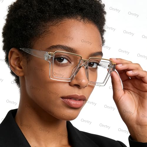 Image of Onrtry Oversized Square Blue Light Glasses for Women Men Fashion Semi Rimless Glasses Non Prescription Eyeglasses