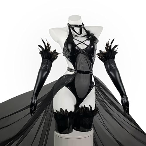 KORURACLUB Raven witch dress(6-Piece Set) Black premium pu cosplay lingerie Raven Costume Lingerie - X-Large