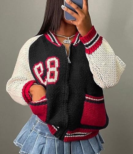CHARTOU Women Fall Oversized Cardigan Sweater Zip Up Chunky Knit Varsity Bomber Jacket2