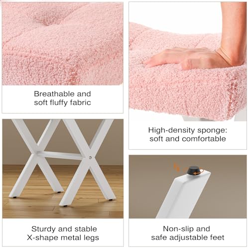 Image of Memobarco 18-Inch Vanity Stool Chair, Vanity Bench with Metal X-Legs, Ottoman Accent Stool with Breathable and Soft Boucle Fabric Saddle Seat, Pink
