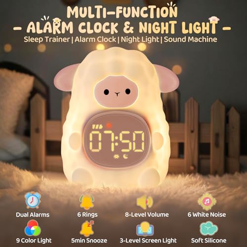 Image of Sheep Alarm Clock with Night Light for Kids with Sleep Training and Sound Machine, Rechargeable Silicone Lamp OK to Wake Clock,Cute Animal Tabletop Lamp, Perfect Sleep Companion for Boys Girls, Pink