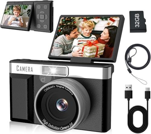Appareil Photo Enfant FHD1080P, Appareil Photo Numérique 32 Go, équipé d'un écran Basculable 180° 2'', Batterie 1200mAh Appareils Photos Numériques pour Enfants 5 Jeux Puzzle, Cadeaux pour Enfants.