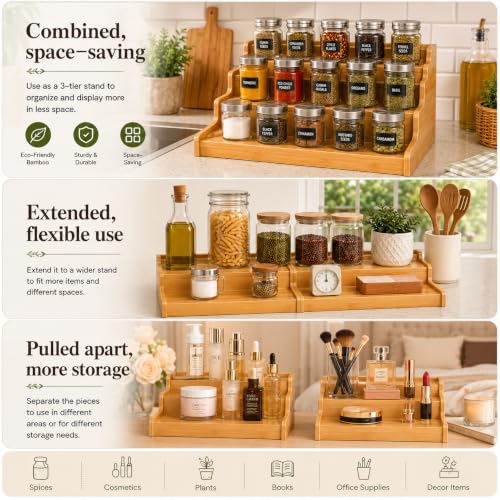 Image of Curated Cart Spice Rack Organizer for Kitchen, Wooden 3 Tier Expandable Rack, Adjustable Step Shelf for Countertop & Cabinets, Multi-Purpose Stand for Pantry & Cupboard (3 Tier Spice Rack - Expandable)