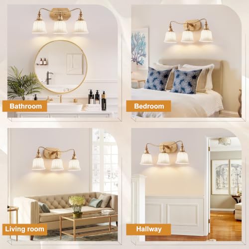 Image of LmnLvn 3‑Light Bathroom Vanity Light, Matte White with Crystal Glass Shade